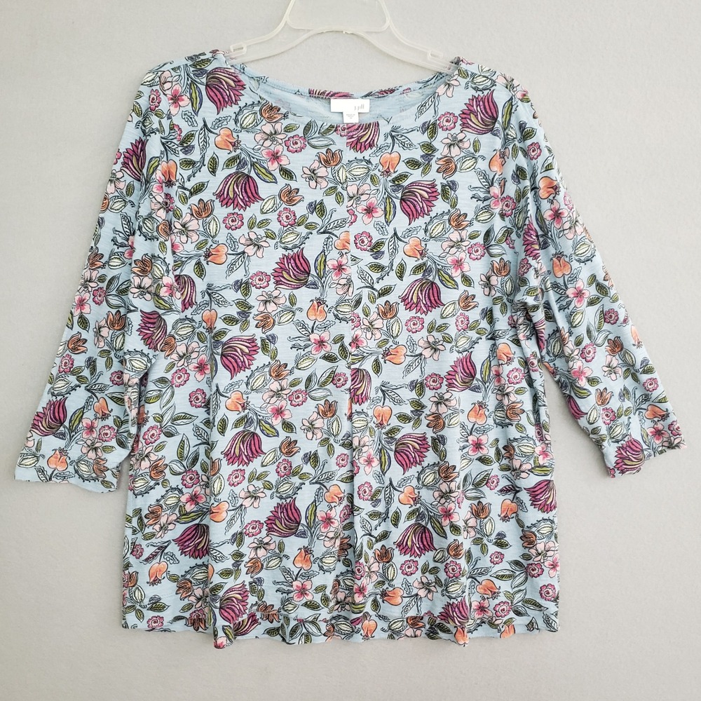 J. Jill Women's M 3/4 Sleeve Top Blue Floral Cotton Modal Slub Knit Cottagecore